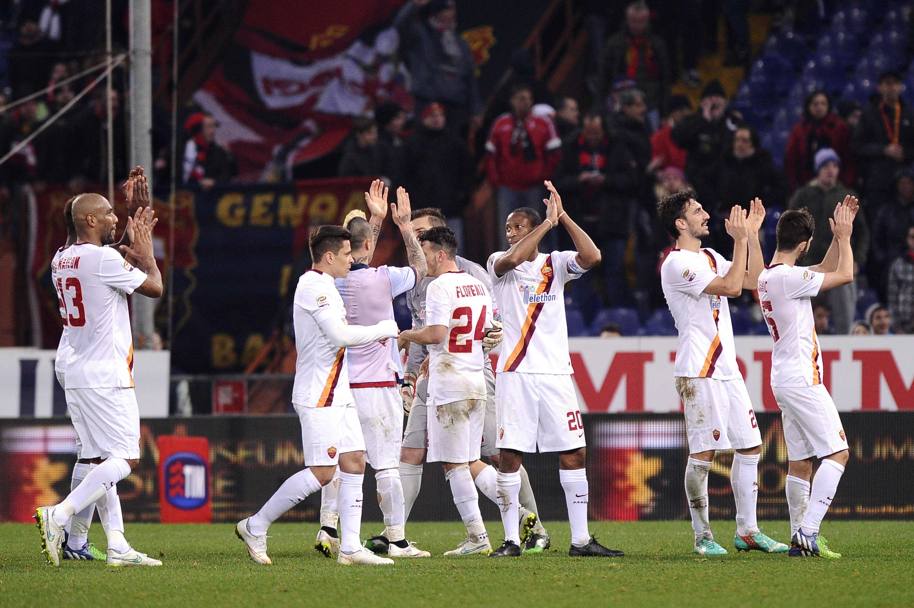 L&#39;esultanza dei giocatori della Roma a fine partita. Reuters